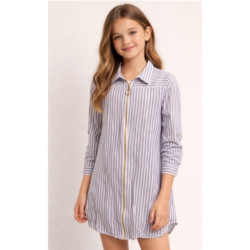 Guess Girls Blue White Striped Full Zip Front Shirt Dress Gold Ring Pull Size 12
